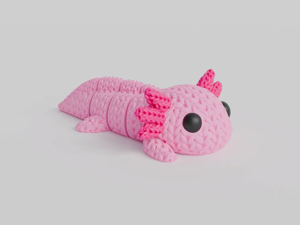 Figurine axolotl kawaii effet tricoté, vue de profil
