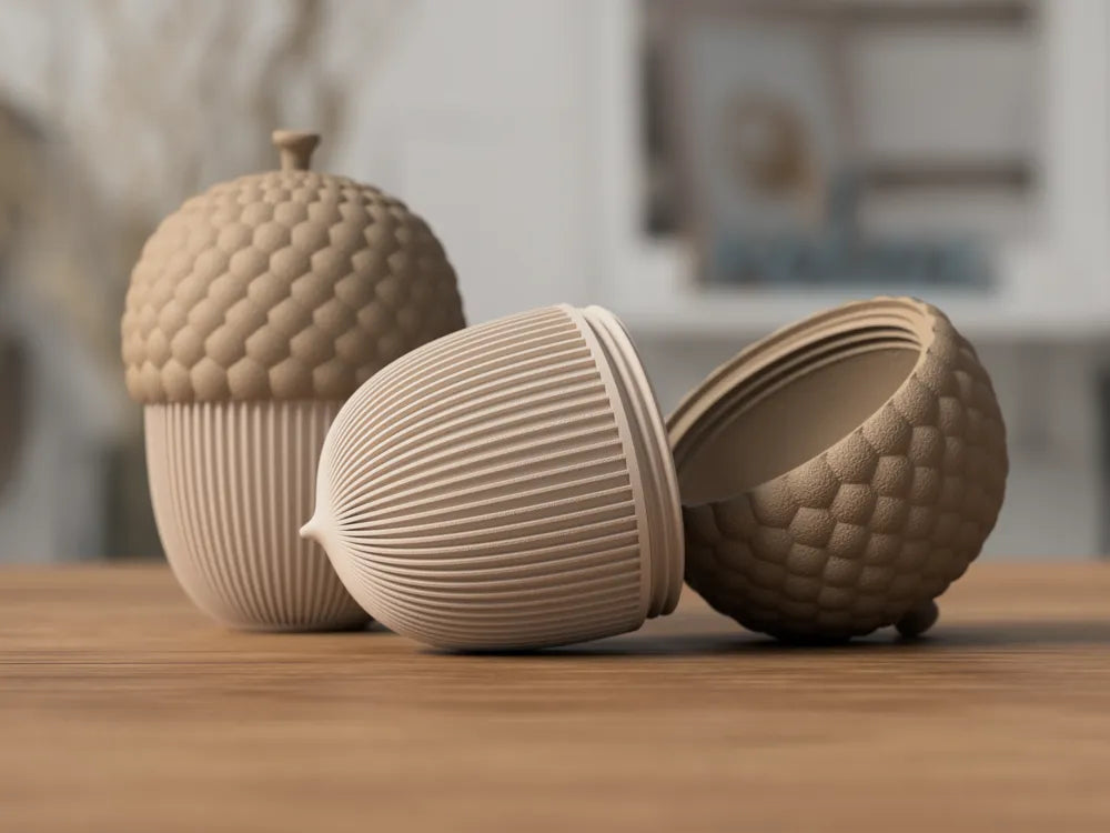 Boîte gland décorative en PLA biosourcé, couvercle dévissé, texture nervurée et nid d'abeille, Tresor3D