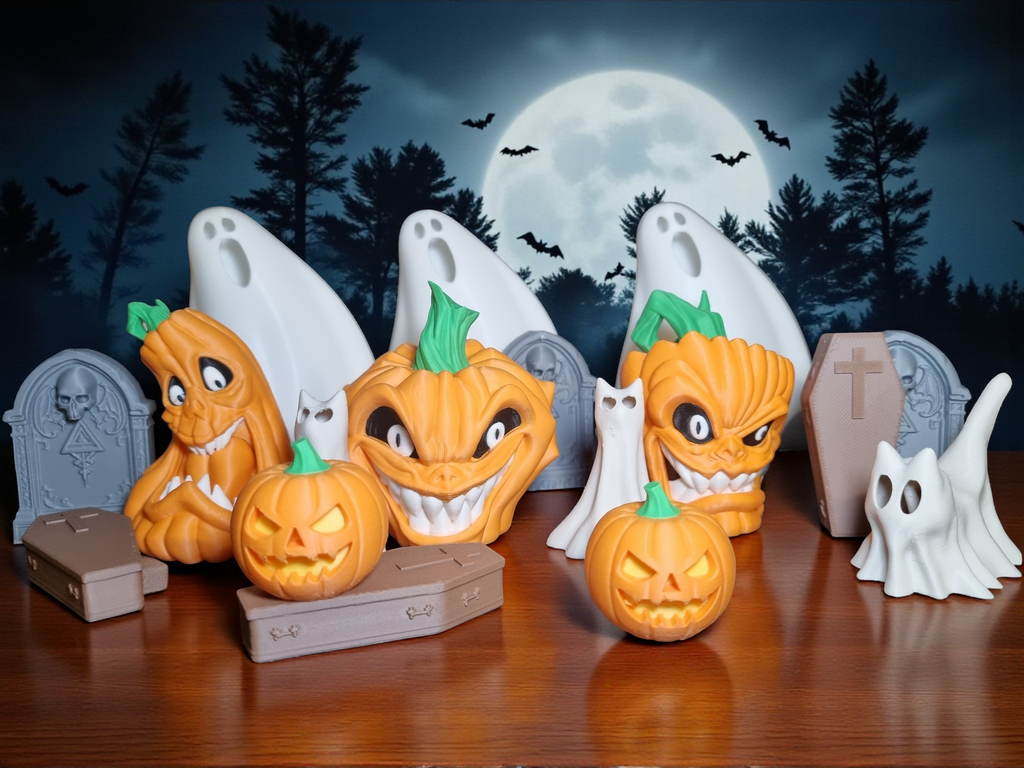 Box Halloween n°2 Citrouilles & Fantômes, kit de décoration 3D à poser, vue d'ensemble Tresor3D