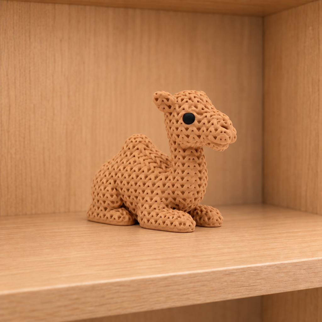 Figurine chameau kawaii effet tricoté imprimée en 3D, couleur sable et noir
