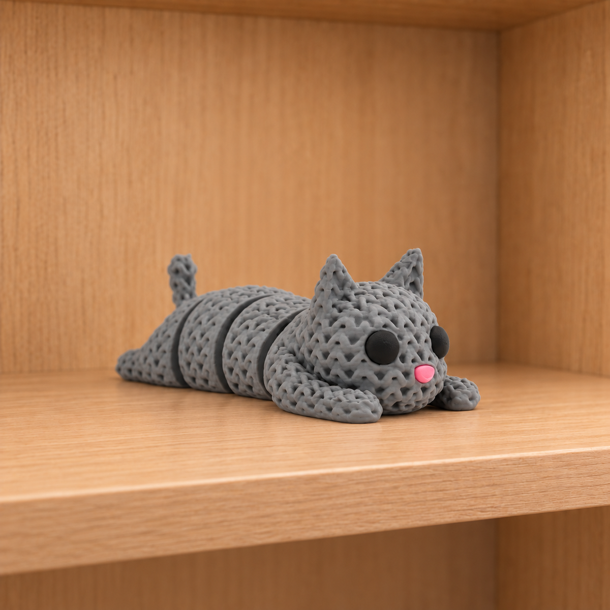 Figurine chat articulé kawaii effet tricoté imprimée en 3D, gris et noir