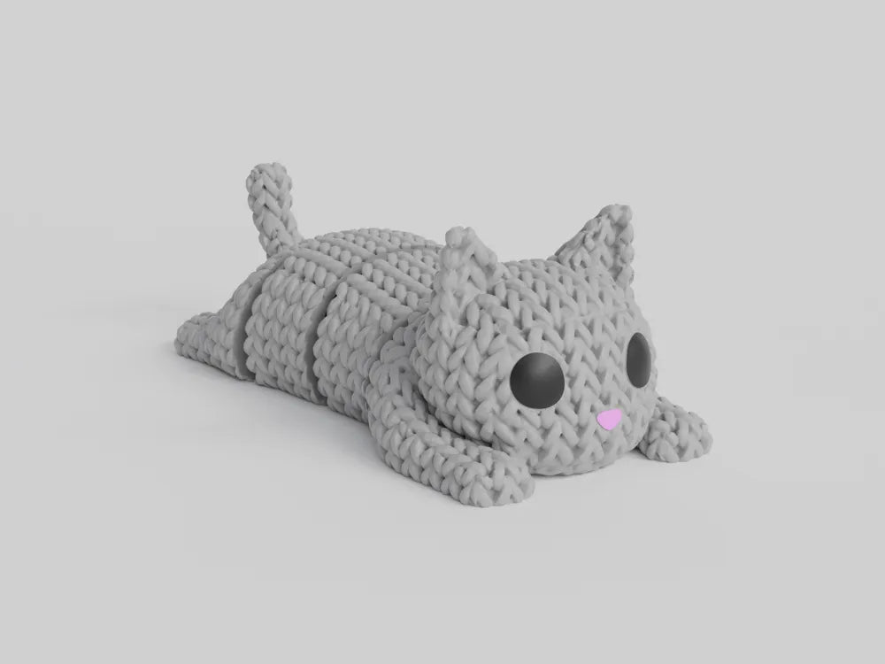 Figurine chat articulé kawaii effet tricoté imprimée en 3D, vue 2