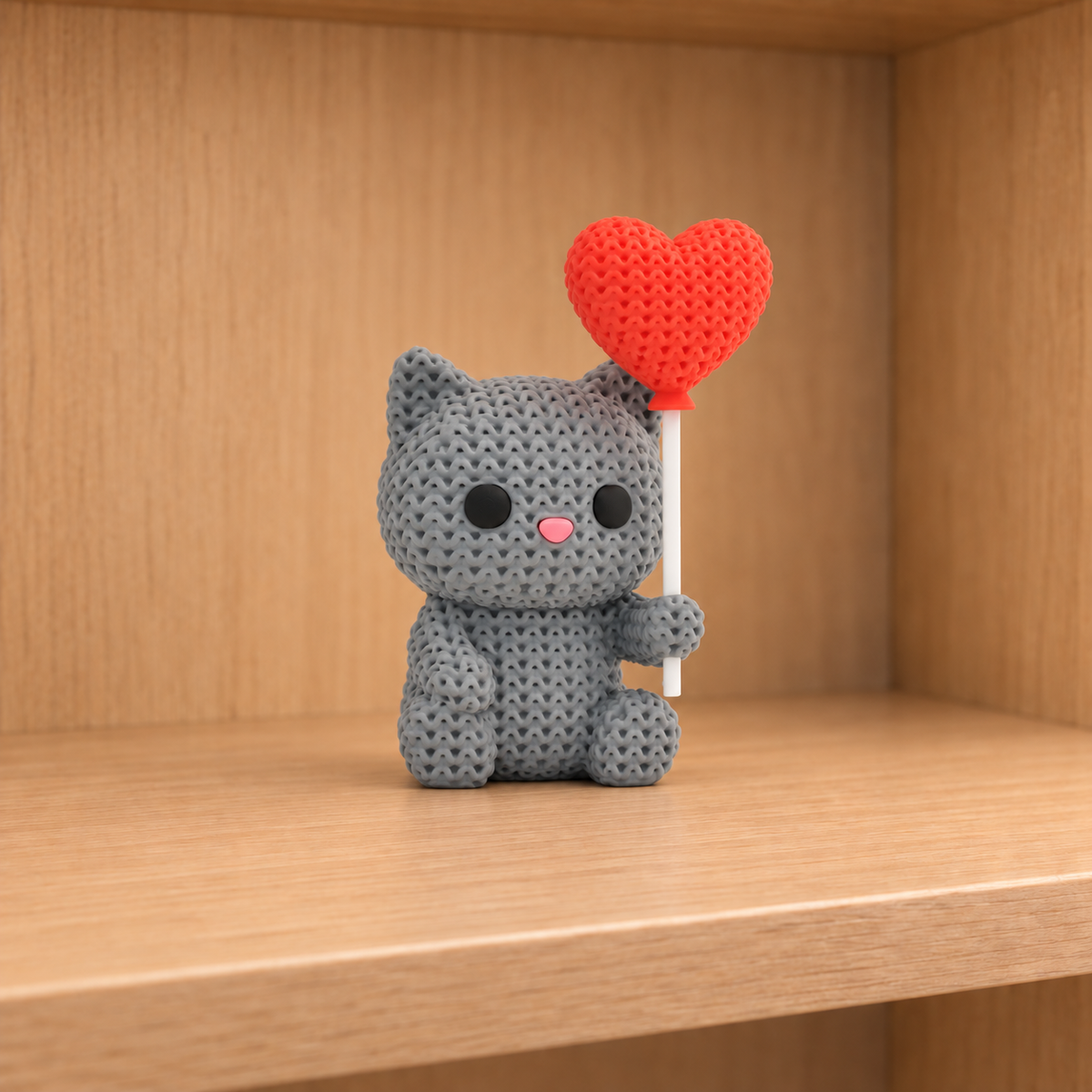 Figurine chat mignon avec ballon cœur effet tricoté imprimée en 3D, Saint-Valentin