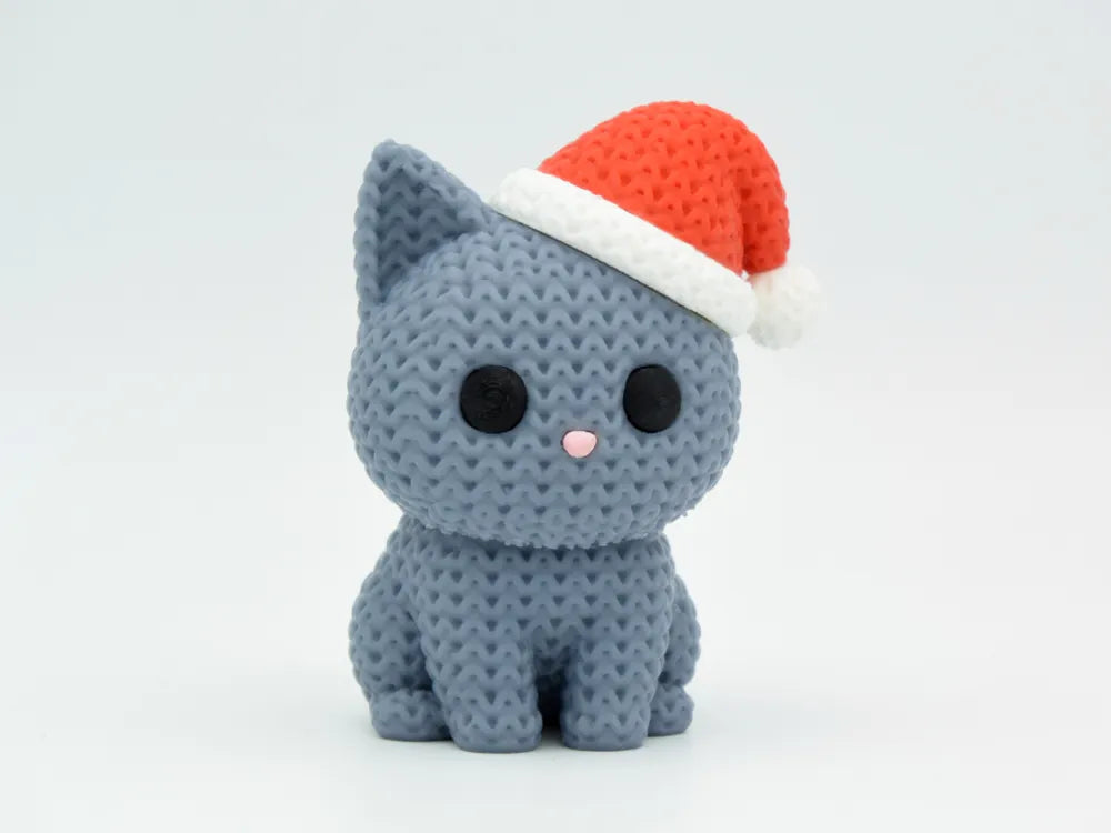 Figurine chat mignon avec bonnet de Noël effet tricoté imprimée en 3D, vue 4