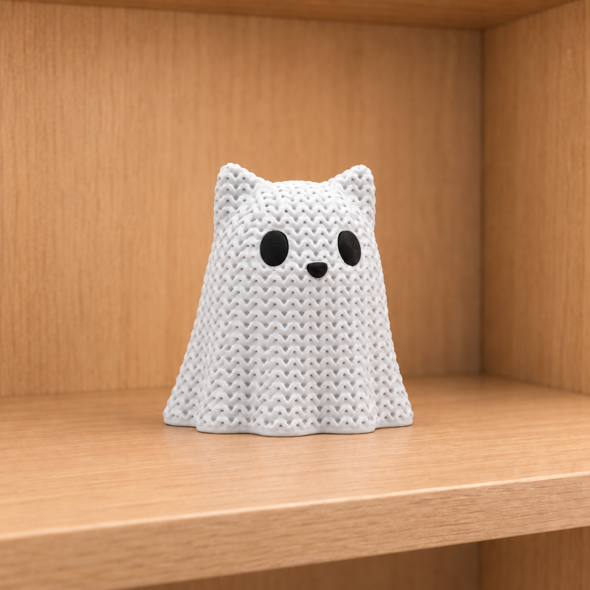 Figurine chat fantôme d'Halloween kawaii effet tricoté imprimée en 3D, blanc