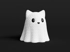 Figurine chat fantôme d'Halloween kawaii effet tricoté imprimée en 3D, vue 2