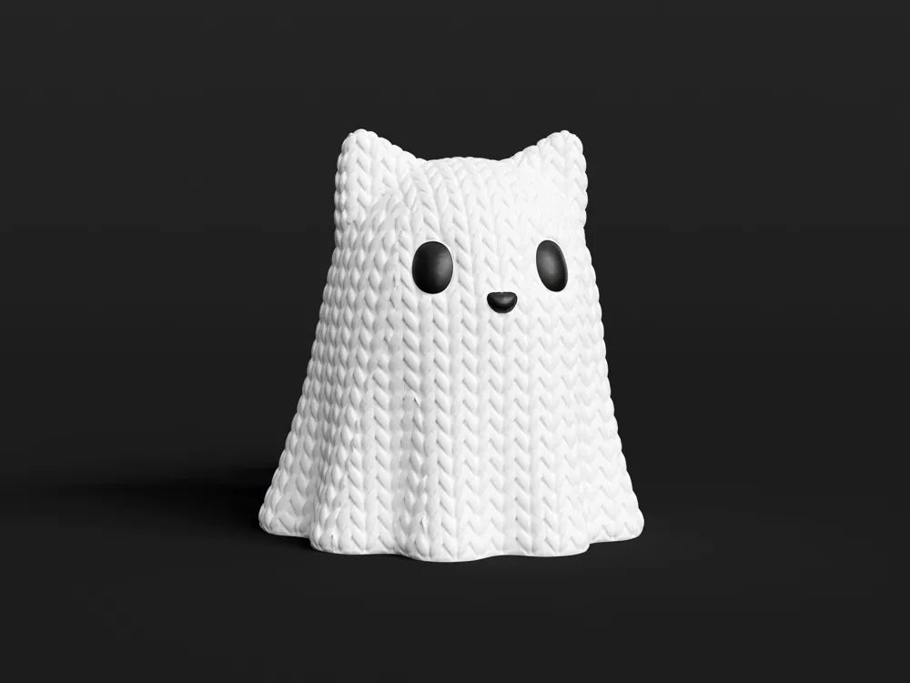 Figurine chat fantôme d'Halloween kawaii effet tricoté imprimée en 3D, vue 2