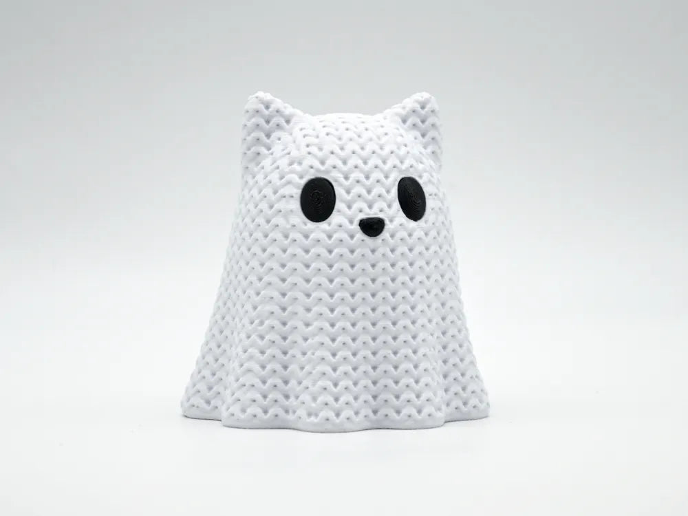 Figurine chat fantôme d'Halloween kawaii effet tricoté imprimée en 3D, vue 3
