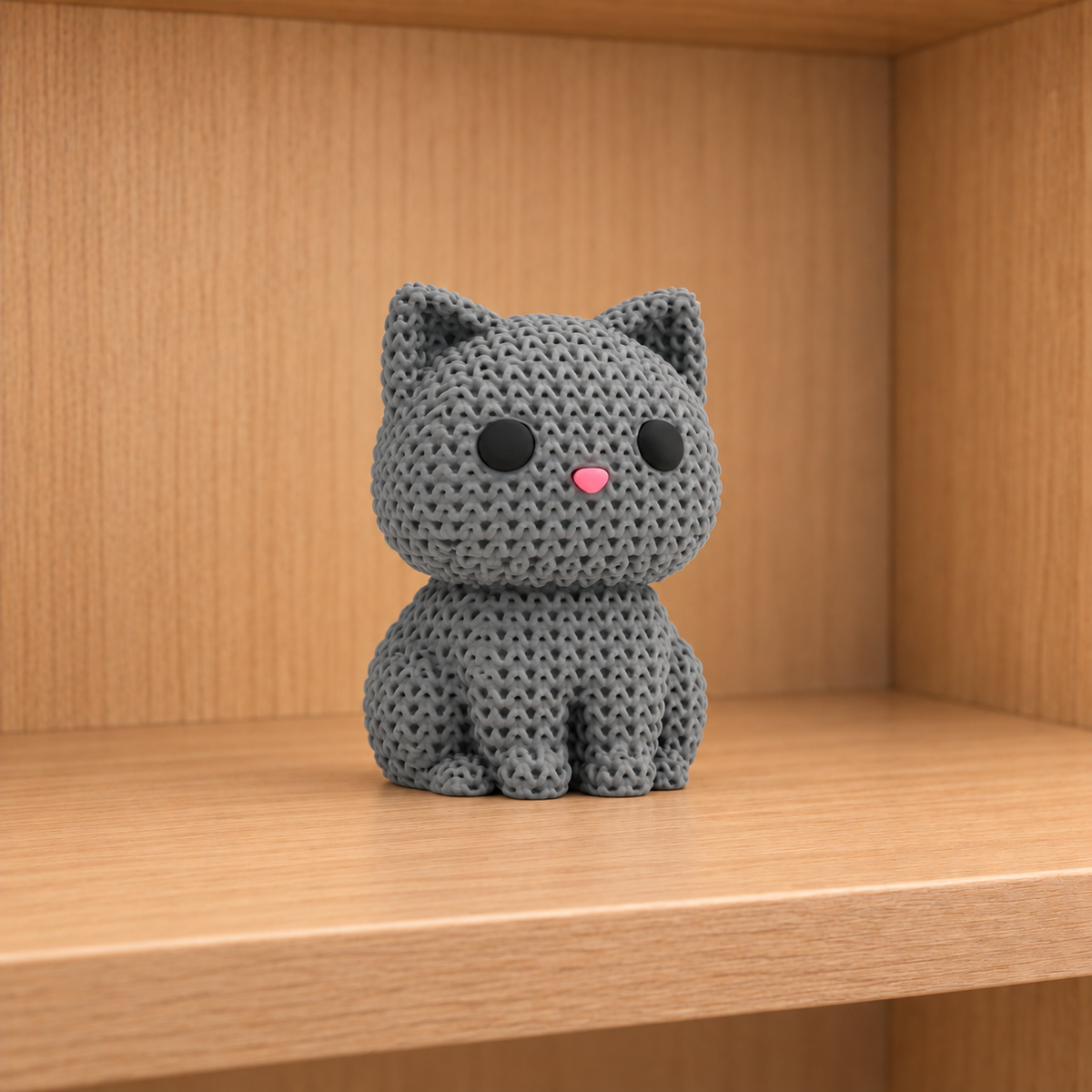 Figurine chat mignon effet tricoté imprimée en 3D, gris