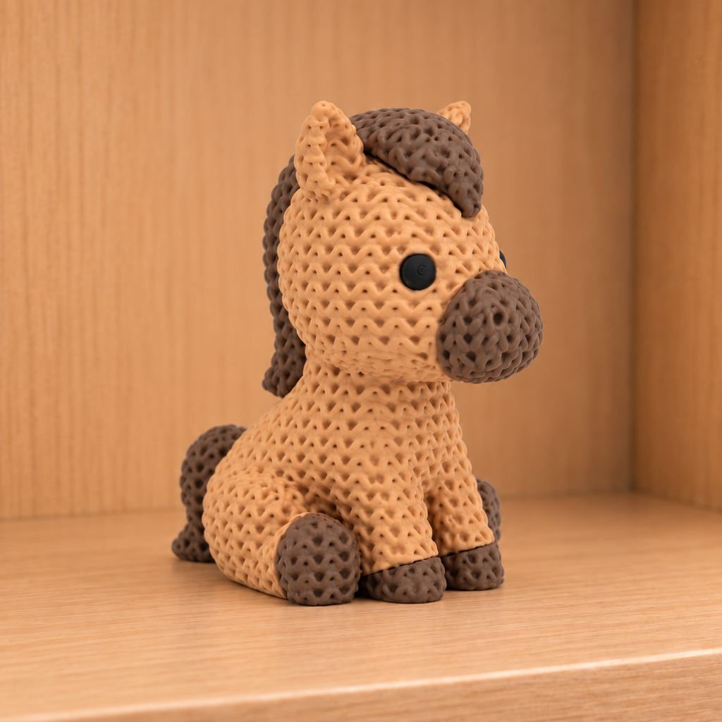 Cheval mignon beige et marron effet tricoté, figurine décorative imprimée en 3D - Tresor3D
