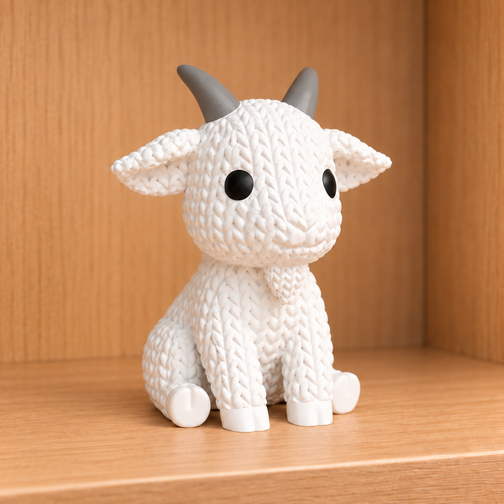 Chèvre mignonne blanche effet tricoté, figurine décorative imprimée en 3D - Tresor3D