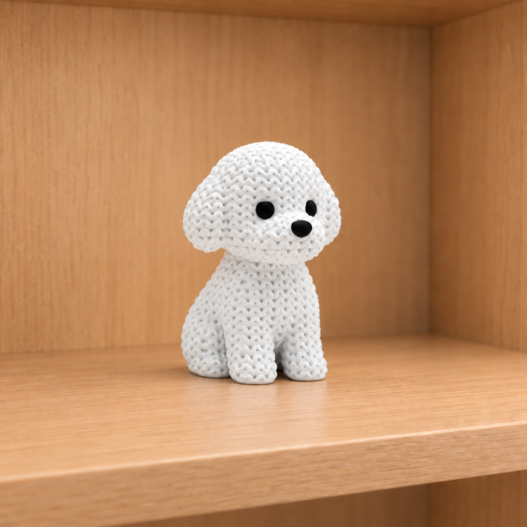 Figurine Bichon Frisé Kawaii effet crochet amigurumi, PLA biosourcé, Tresor3D