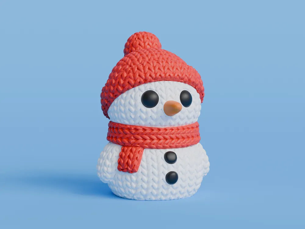 Figurine bonhomme de neige de noël kawaii effet tricoté, vue de face