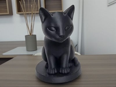 Statue de chat assis minimaliste noir mat en PLA biosourcé, Tresor3D
