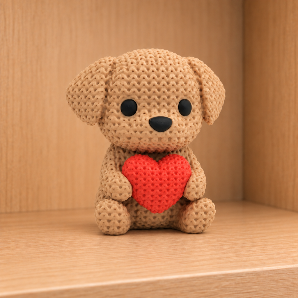 Figurine chien au cœur kawaii effet tricoté amigurumi 3D Tresor3D, vue principale