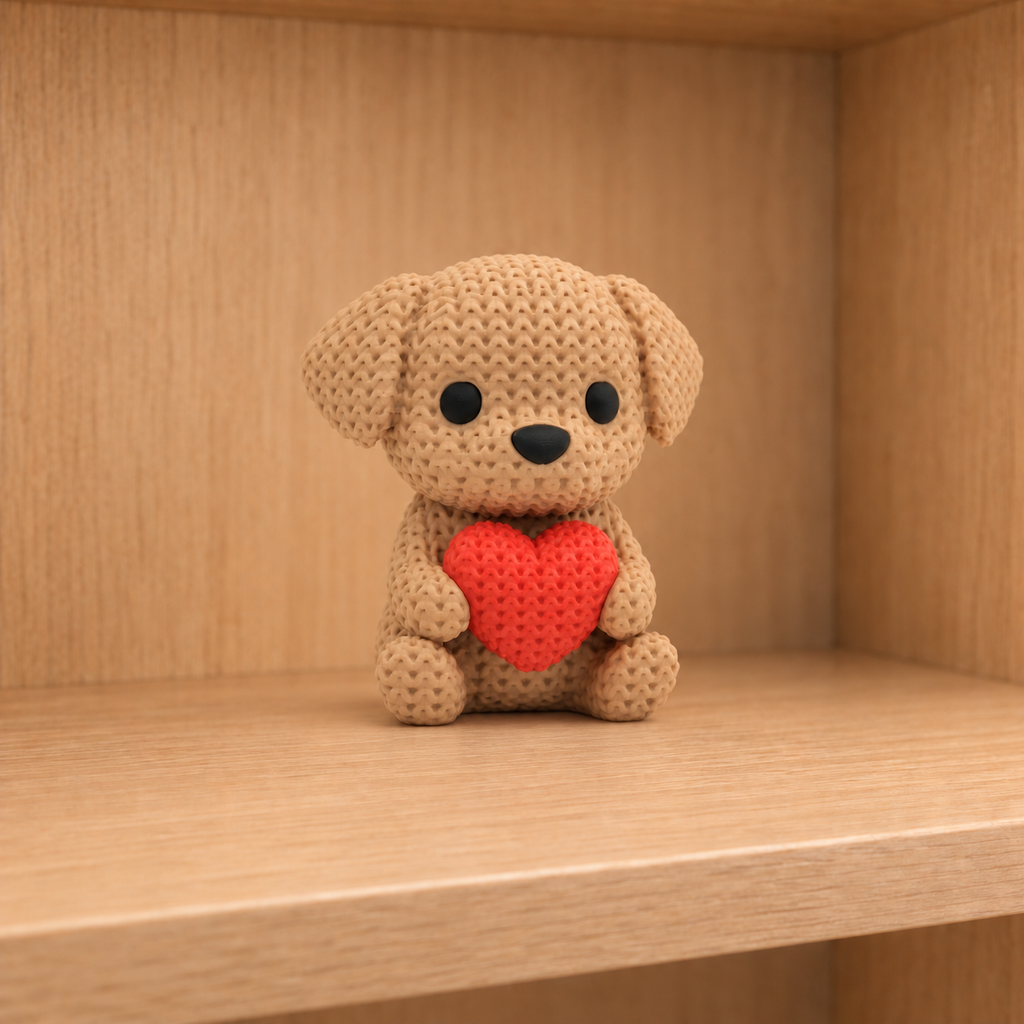 Figurine chien au cœur kawaii effet tricoté, vue de face