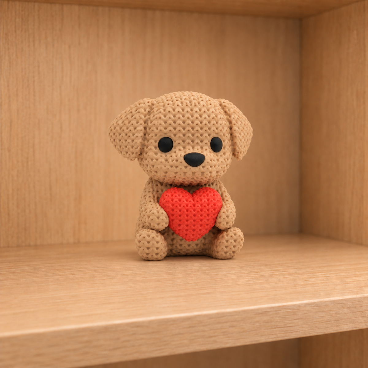 Figurine chien au cœur kawaii effet tricoté, vue de face