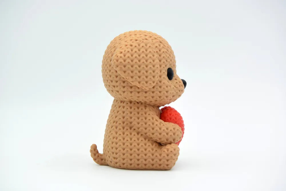 Figurine chien au cœur kawaii effet tricoté, vue arrière