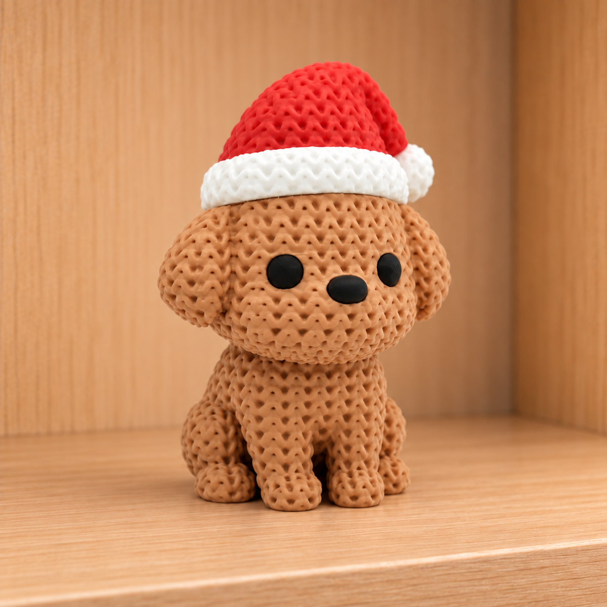 Figurine chien avec bonnet de noël kawaii effet tricoté amigurumi 3D Tresor3D, vue principale