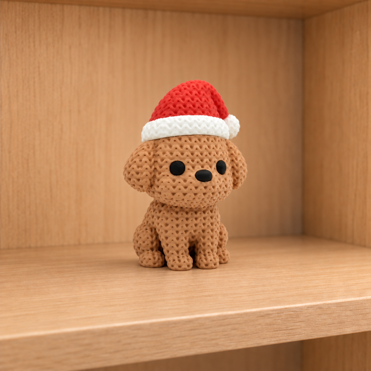 Figurine chien avec bonnet de noël kawaii effet tricoté, vue de face