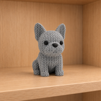 Figurine chien bouledogue français kawaii effet tricoté, vue de face