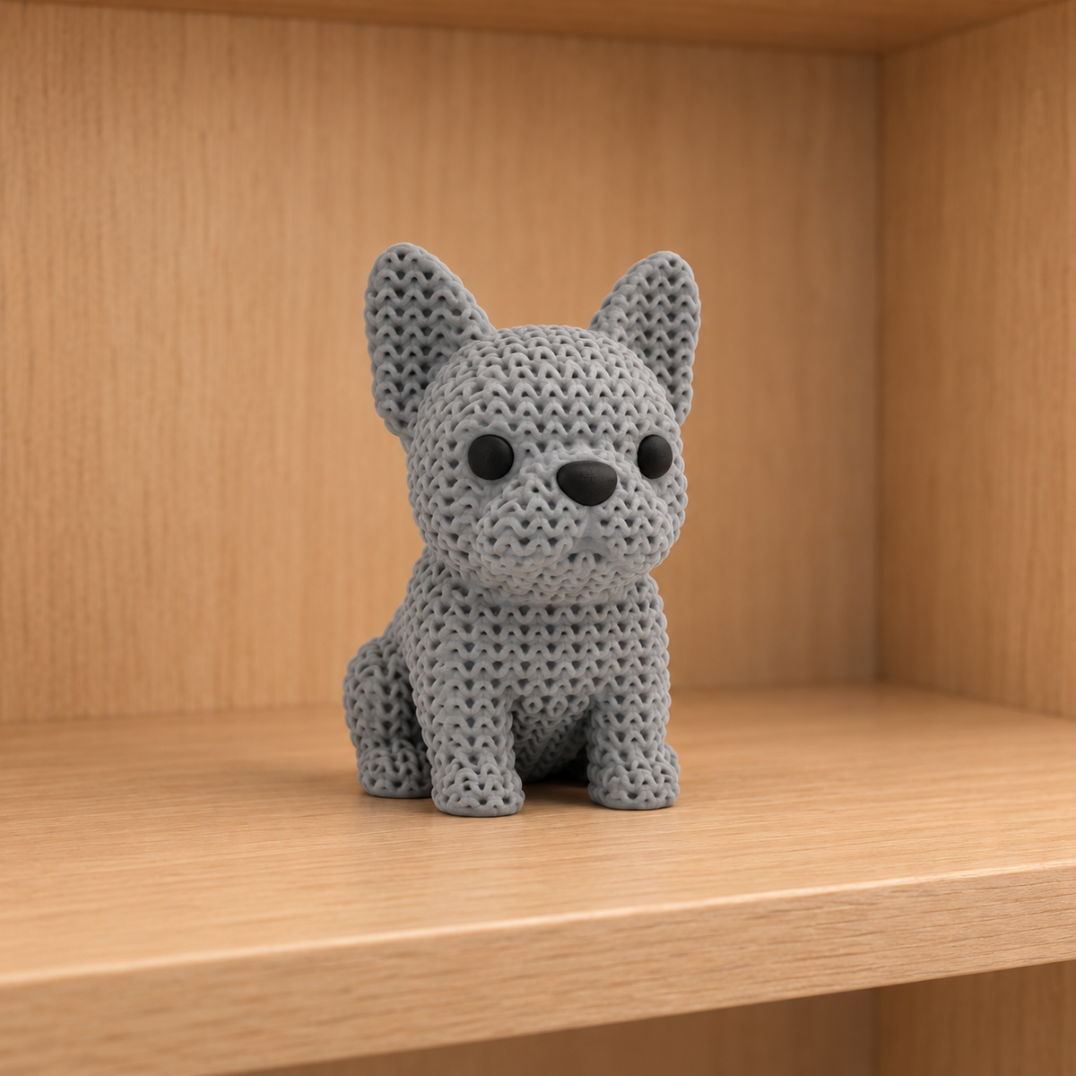 Figurine chien bouledogue français kawaii effet tricoté, vue de face