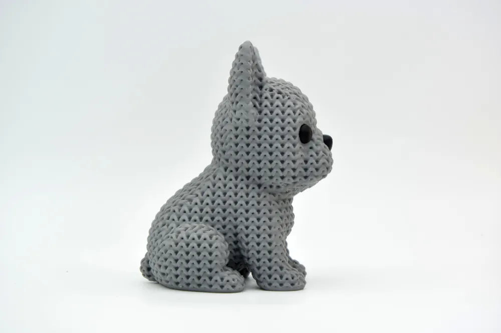 Figurine chien bouledogue français kawaii effet tricoté, vue arrière