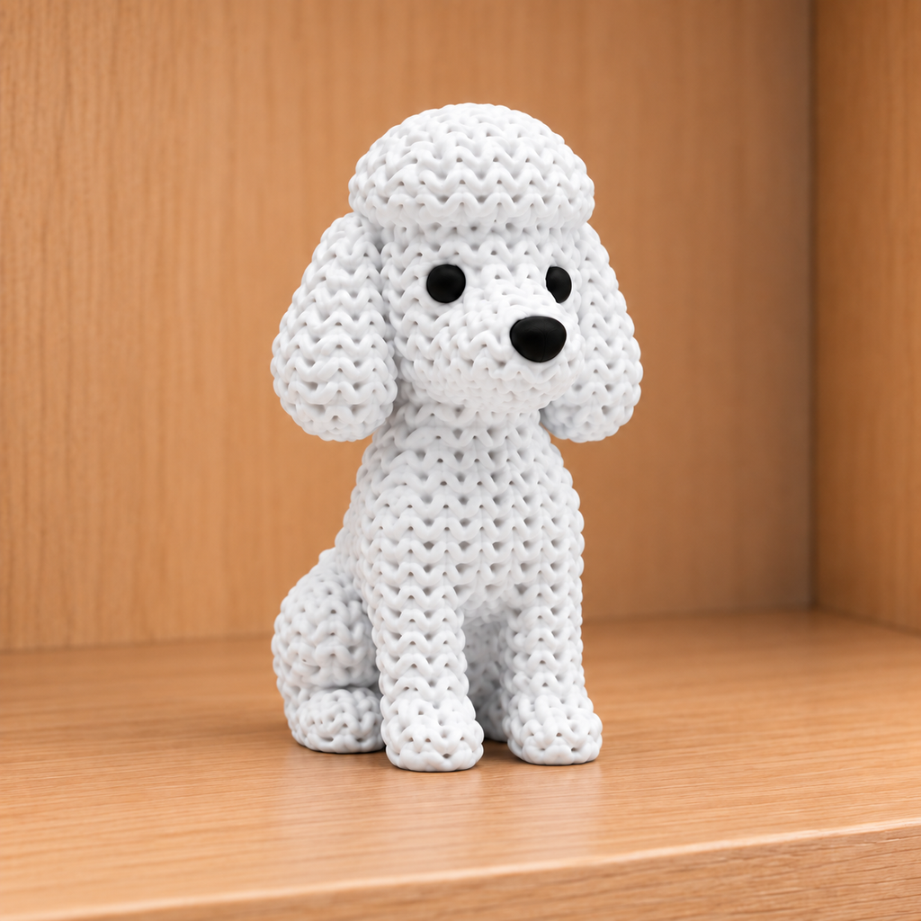 Figurine chien caniche kawaii effet tricoté amigurumi 3D Tresor3D, vue principale