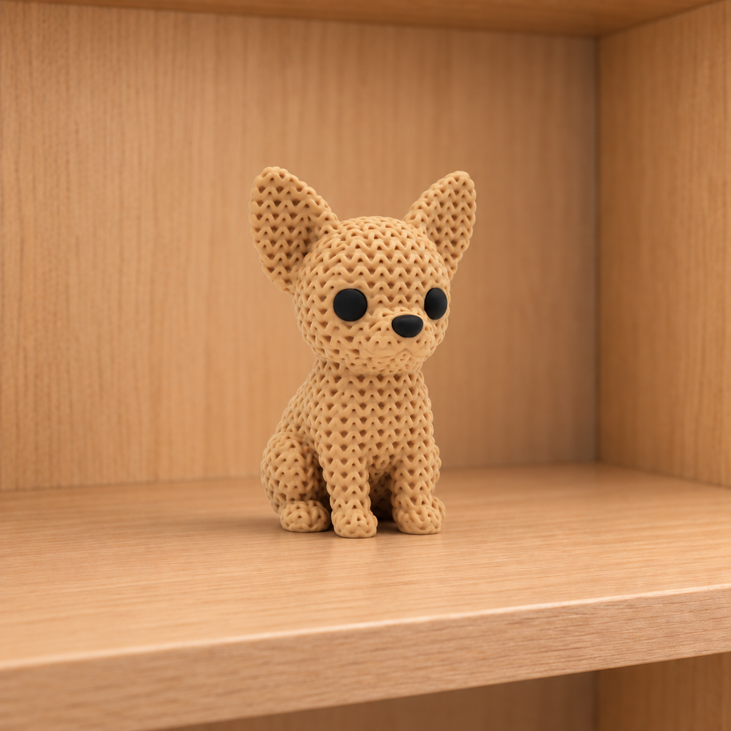Figurine chien chihuahua kawaii effet tricoté, vue de face