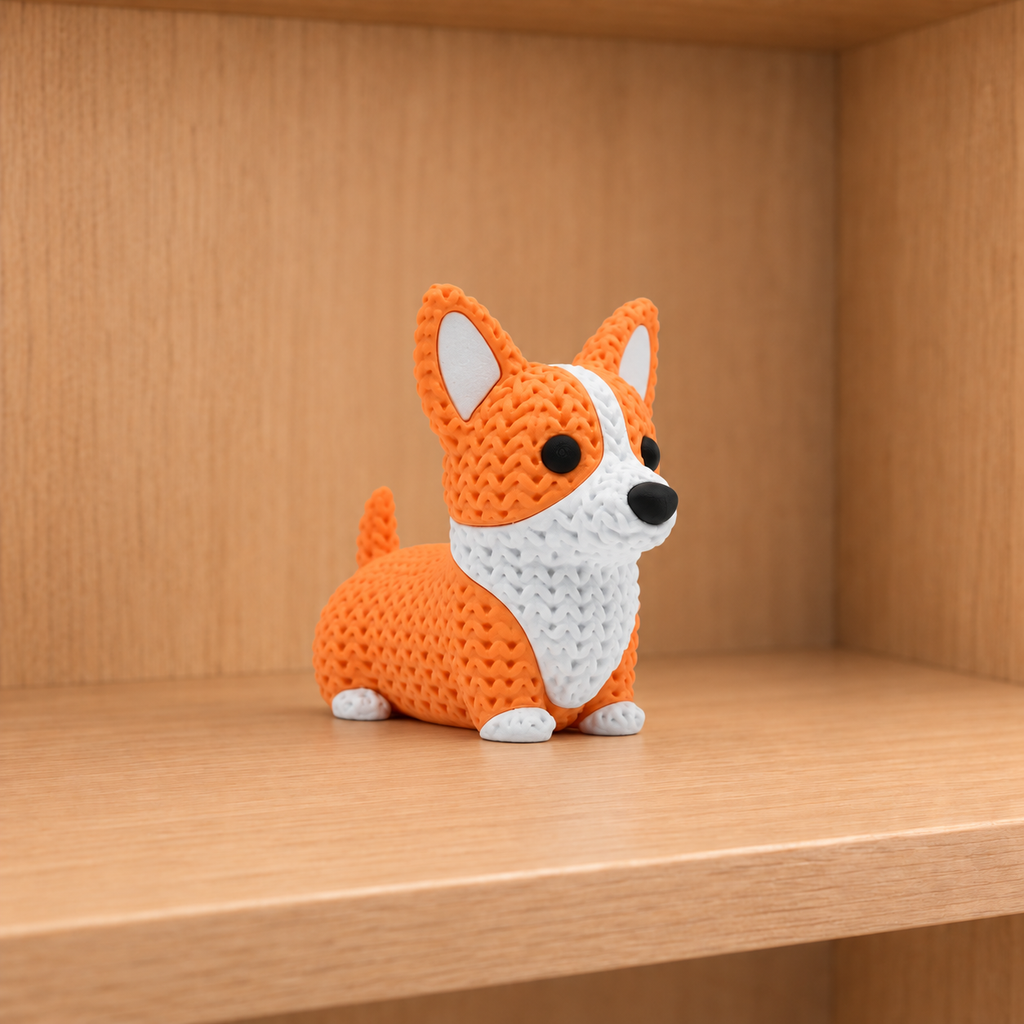Figurine chien corgi kawaii effet tricoté, vue de face