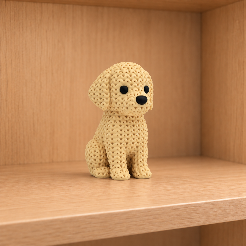 Figurine chien golden retriever kawaii effet tricoté, vue de face