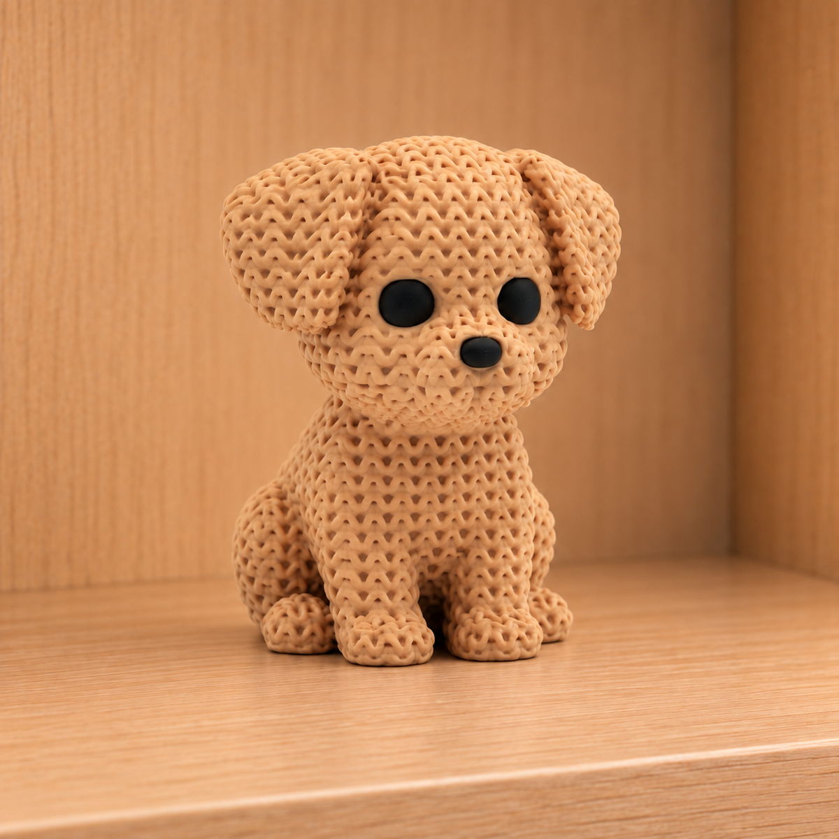 Figurine chien kawaii effet tricoté, vue de face