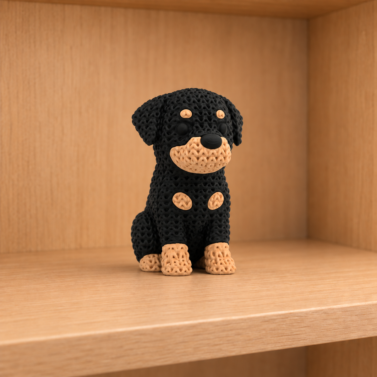 Figurine chien rottweiler kawaii effet tricoté, vue de face
