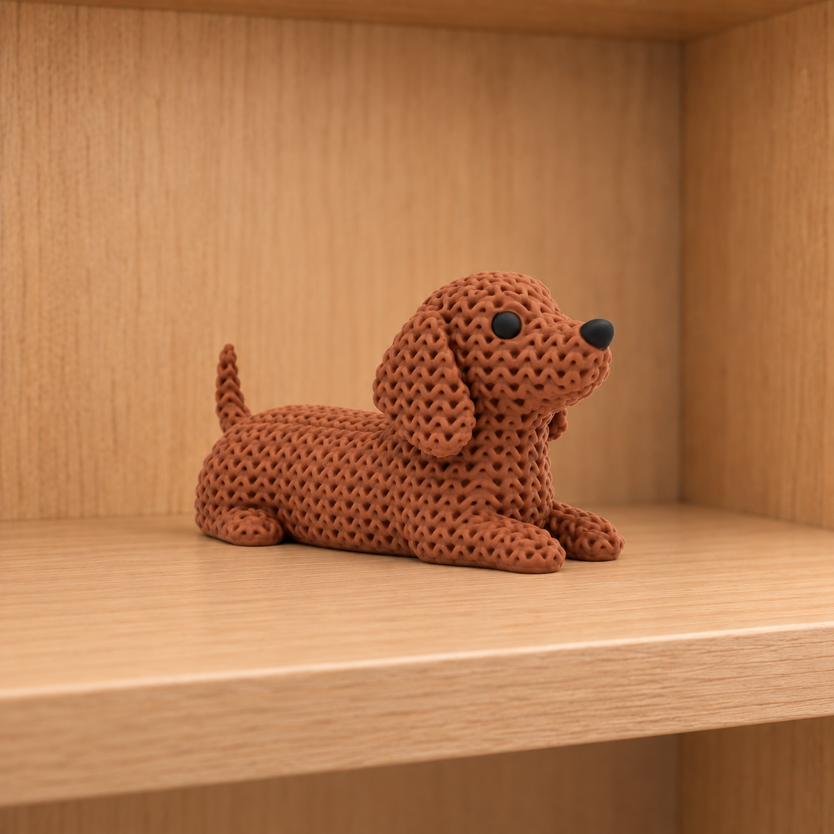 Figurine chien teckel kawaii effet tricoté, vue de face