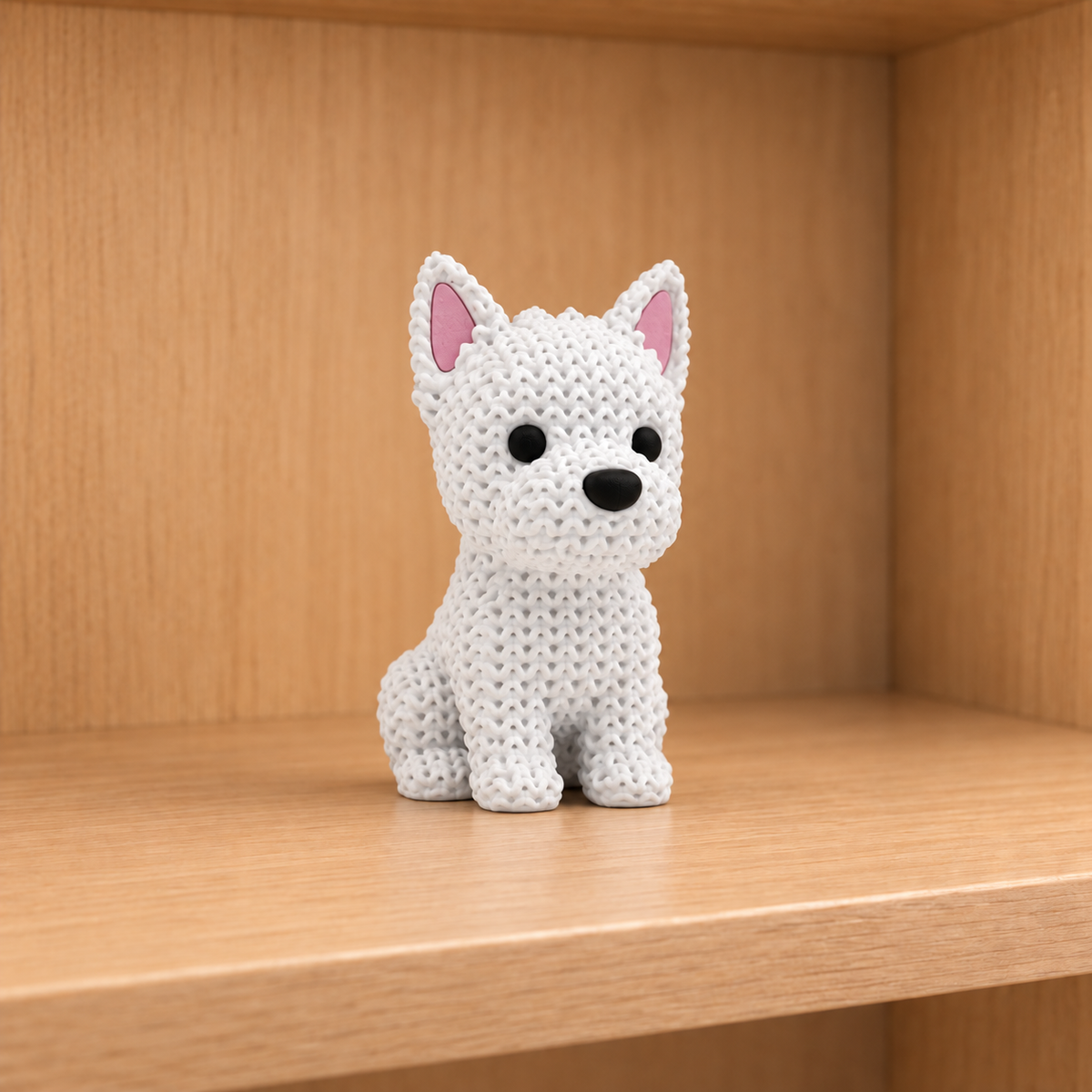 Figurine chien westie kawaii effet tricoté, vue de face