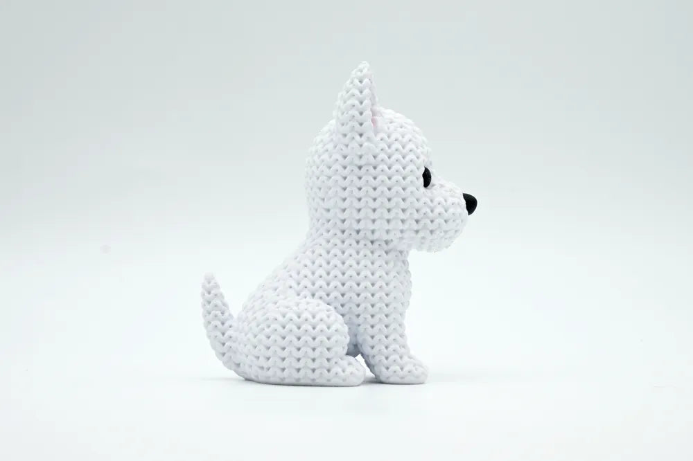Figurine chien westie kawaii effet tricoté, vue arrière