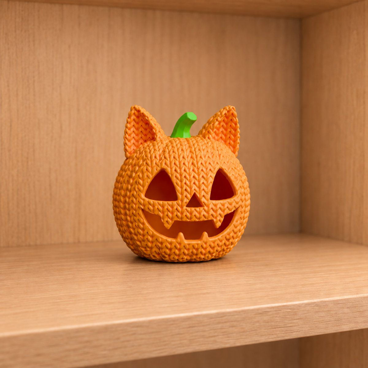 Figurine citrouille-chat d'halloween kawaii effet tricoté, vue de face