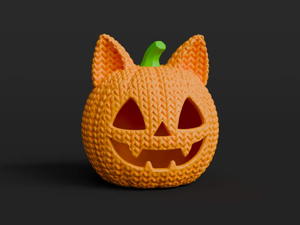 Figurine citrouille-chat d'halloween kawaii effet tricoté, vue de profil