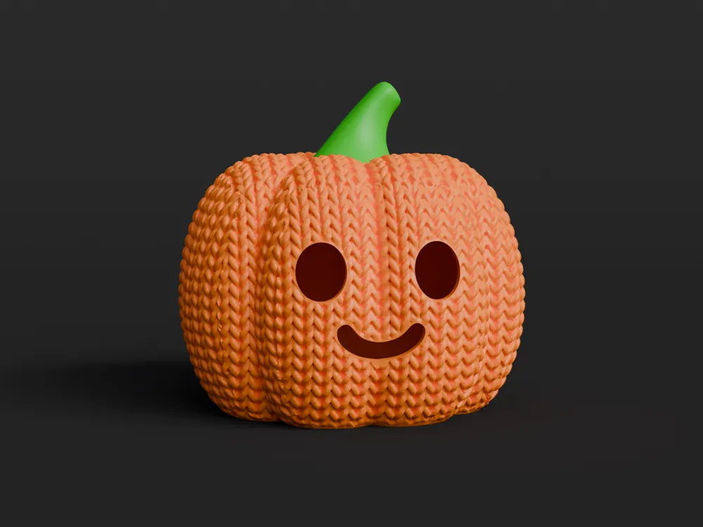 Figurine citrouille d'halloween kawaii effet tricoté, vue de face