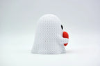Figurine fantôme au cœur d'halloween kawaii effet tricoté, vue de profil