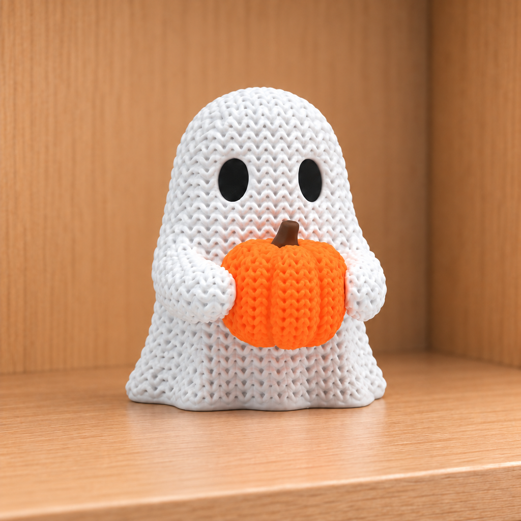 Figurine fantôme citrouille d'halloween kawaii effet tricoté amigurumi 3D Tresor3D, vue principale