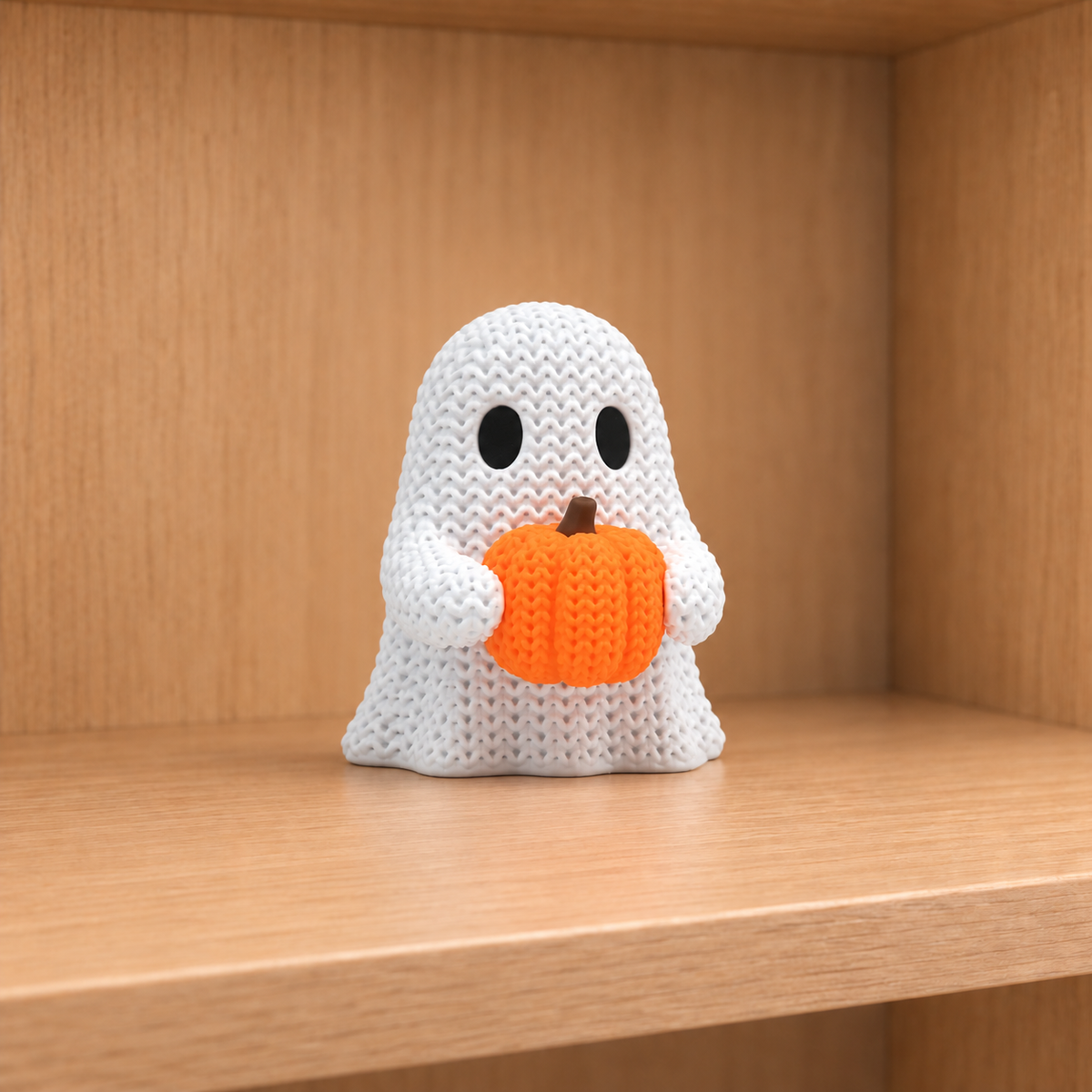 Figurine fantôme citrouille d'halloween kawaii effet tricoté, vue de face