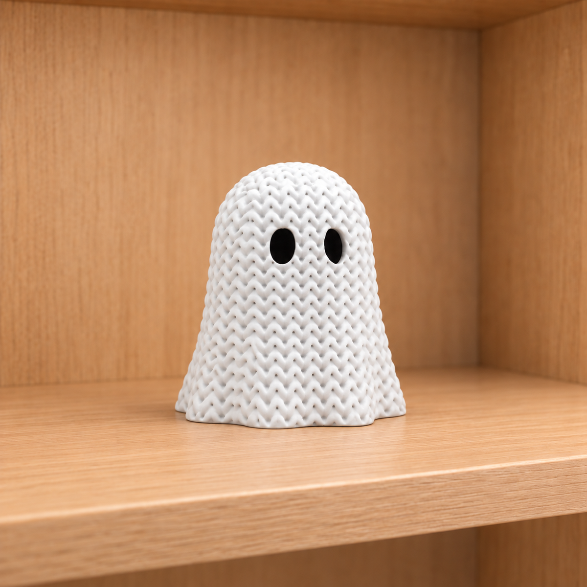 Figurine fantôme d'halloween kawaii effet tricoté, vue de face
