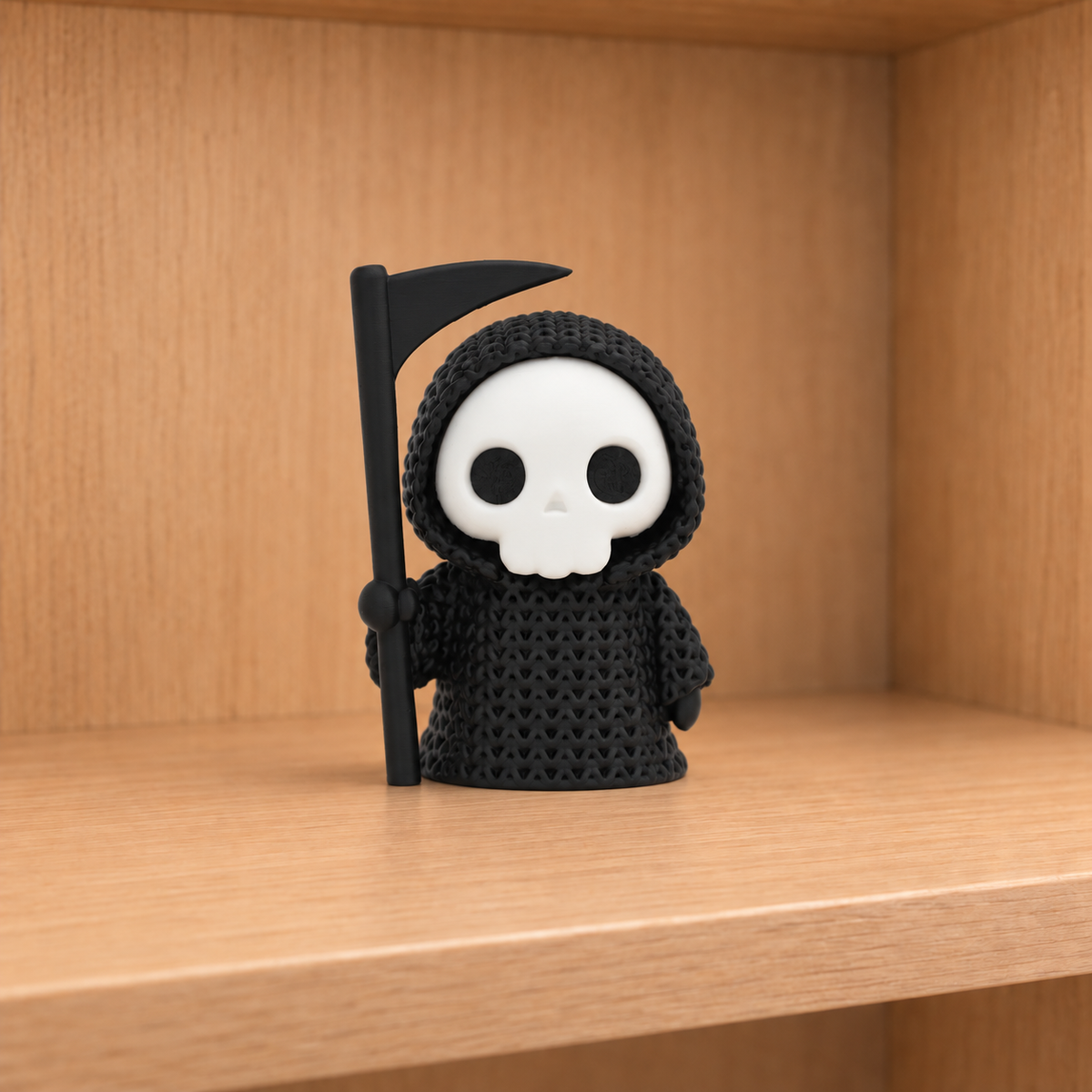 Figurine faucheuse d'halloween kawaii effet tricoté, vue de face