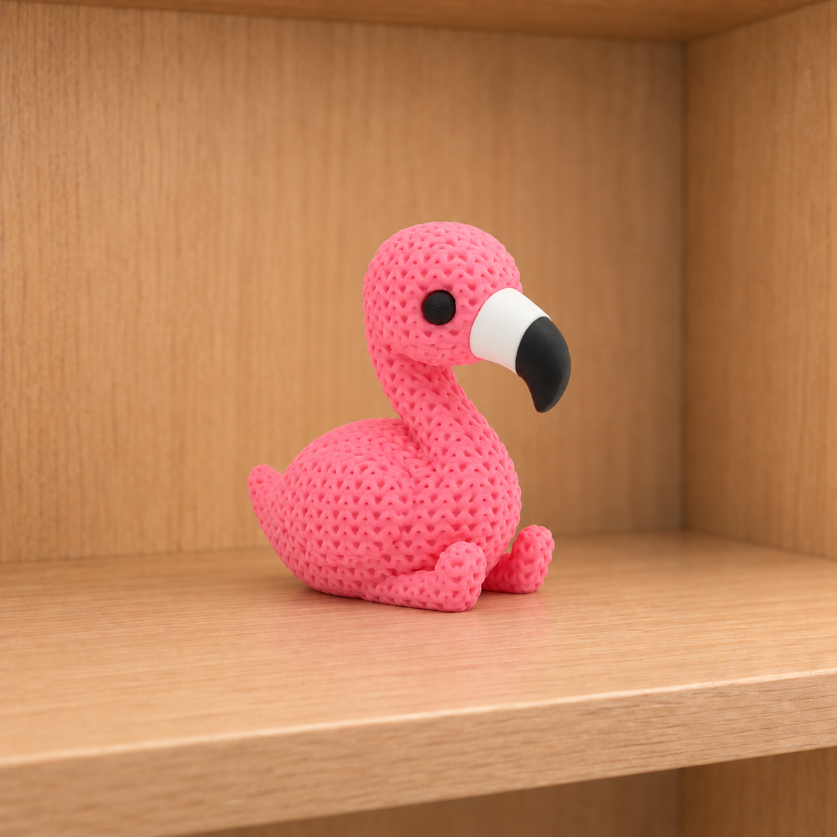 Figurine flamant rose kawaii effet tricoté, vue de face