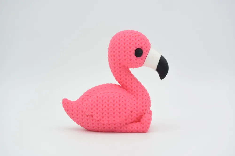 Figurine flamant rose kawaii effet tricoté, vue arrière