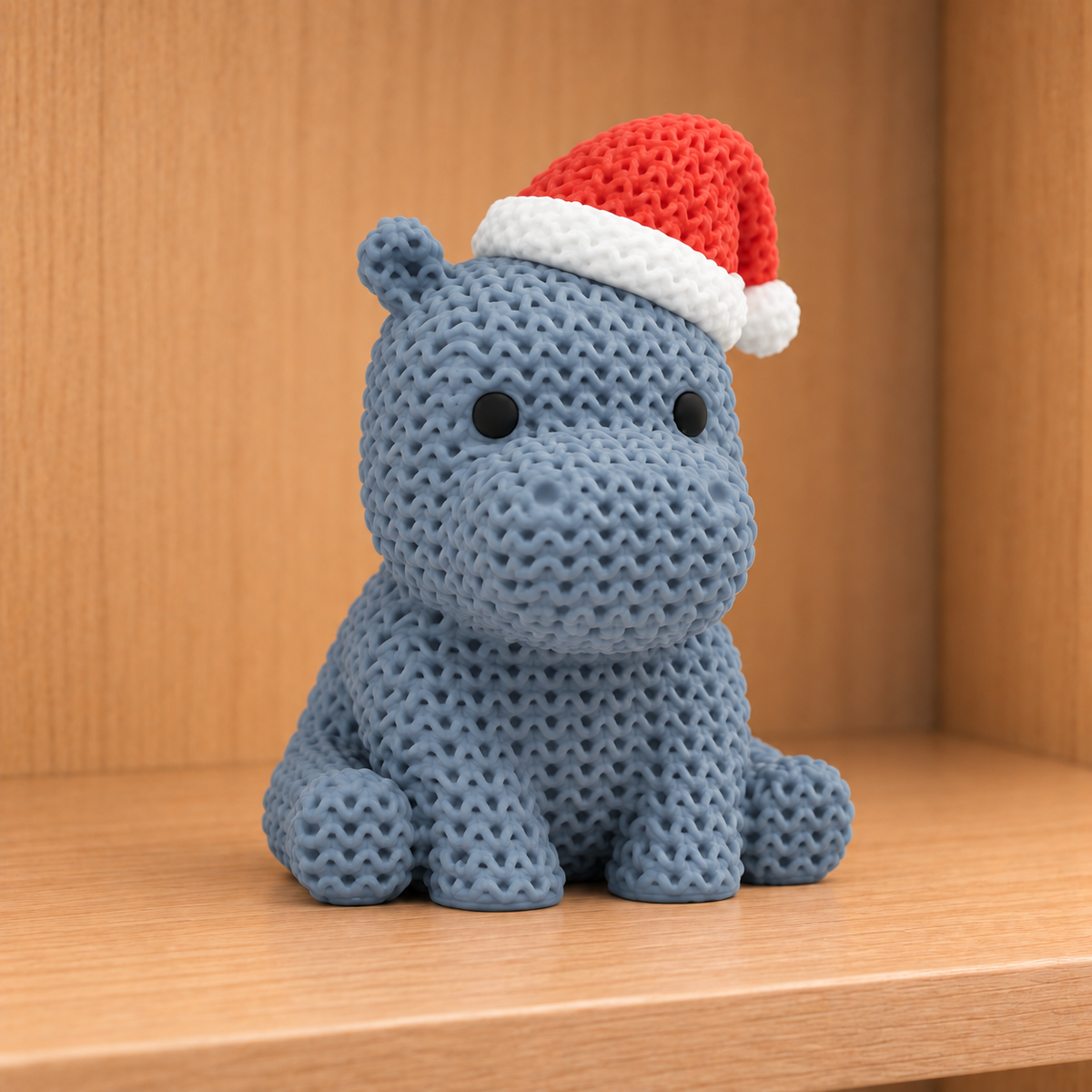 Figurine hippopotame avec bonnet de noël kawaii effet tricoté amigurumi 3D Tresor3D, vue principale