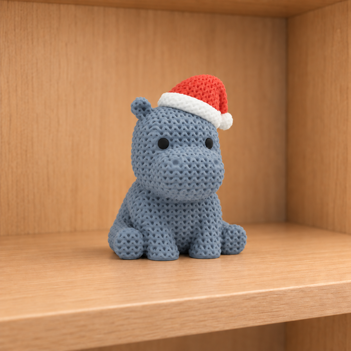 Figurine hippopotame avec bonnet de noël kawaii effet tricoté, vue de face