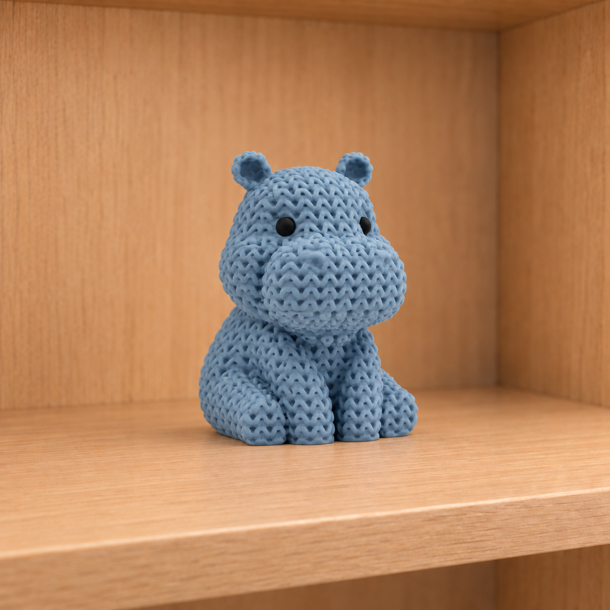 Figurine hippopotame kawaii effet tricoté, vue de face