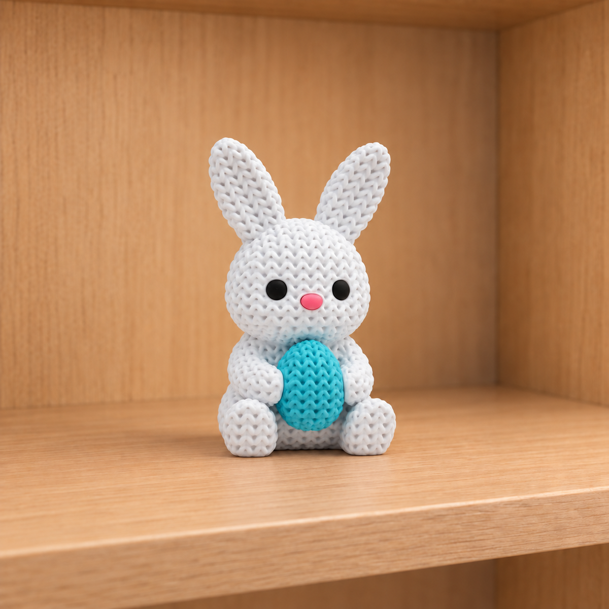 Figurine lapin à l'œuf de pâques kawaii effet tricoté, vue de face